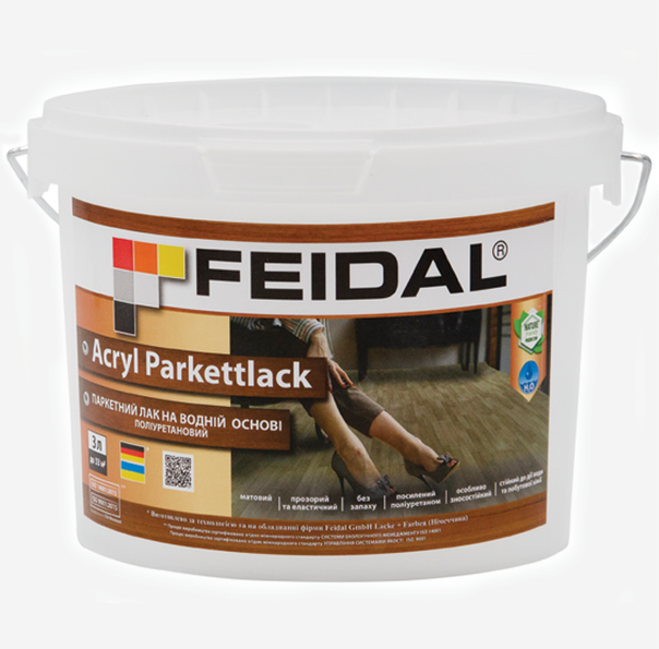 Лак паркетный полиуретановый Feidal Acryl Parkettlack матовый на водной основе для деревянных полов 3 л Прозрачный (1816112741)