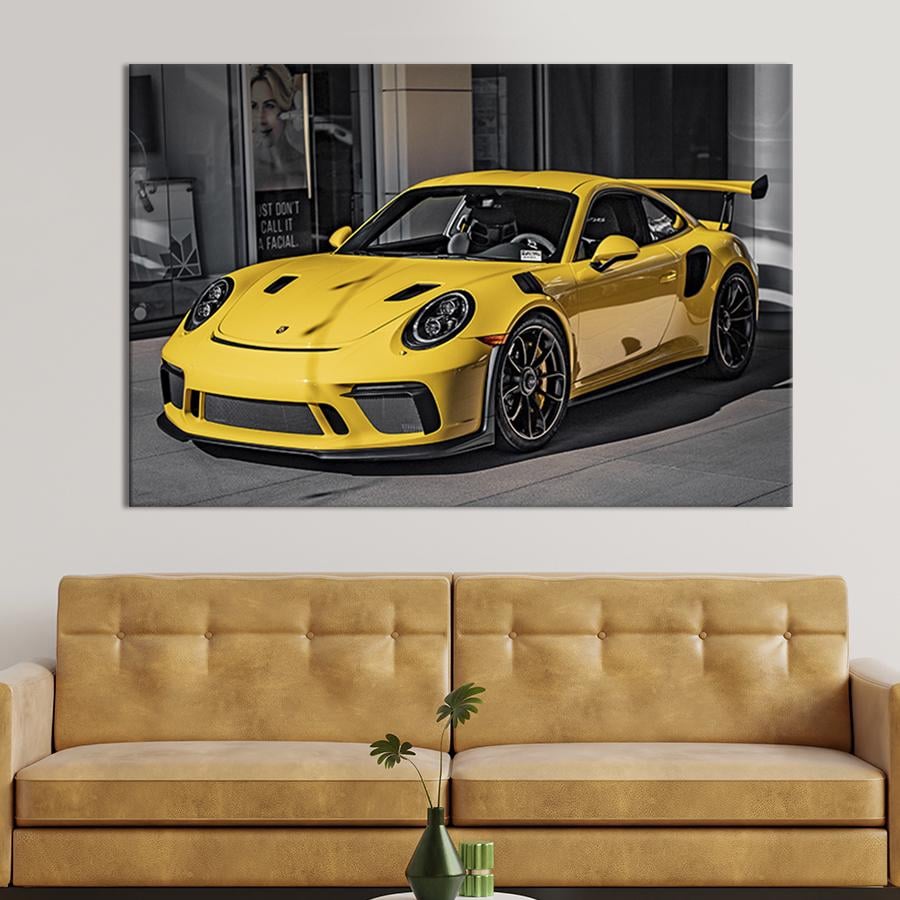 Настенный декор картина на холсте для интерьера Жёлтый порш 120x80 см (112-1)