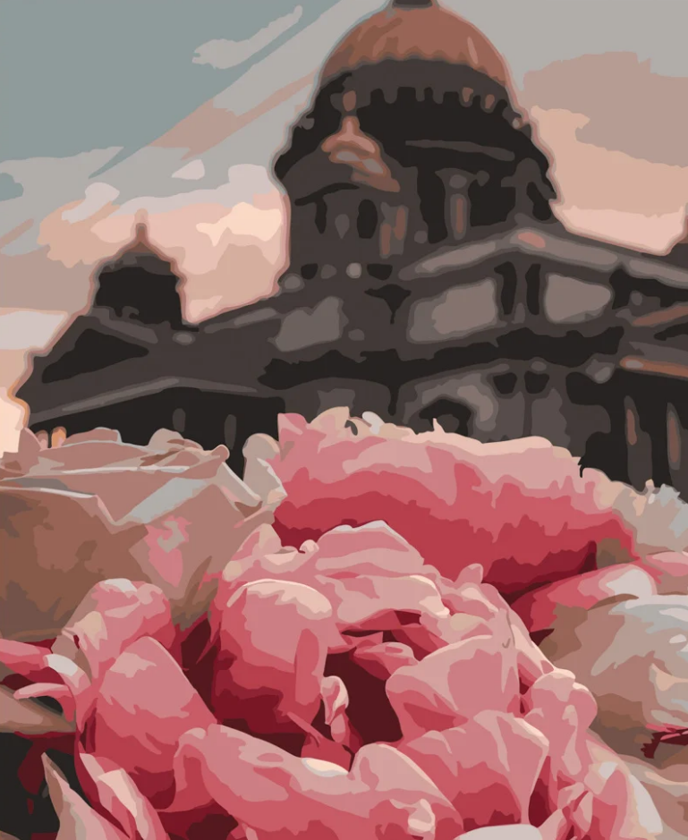 Картина по номерам Strateg Пионы на фоне Исаакиевского собора 40x50 см (GS436)