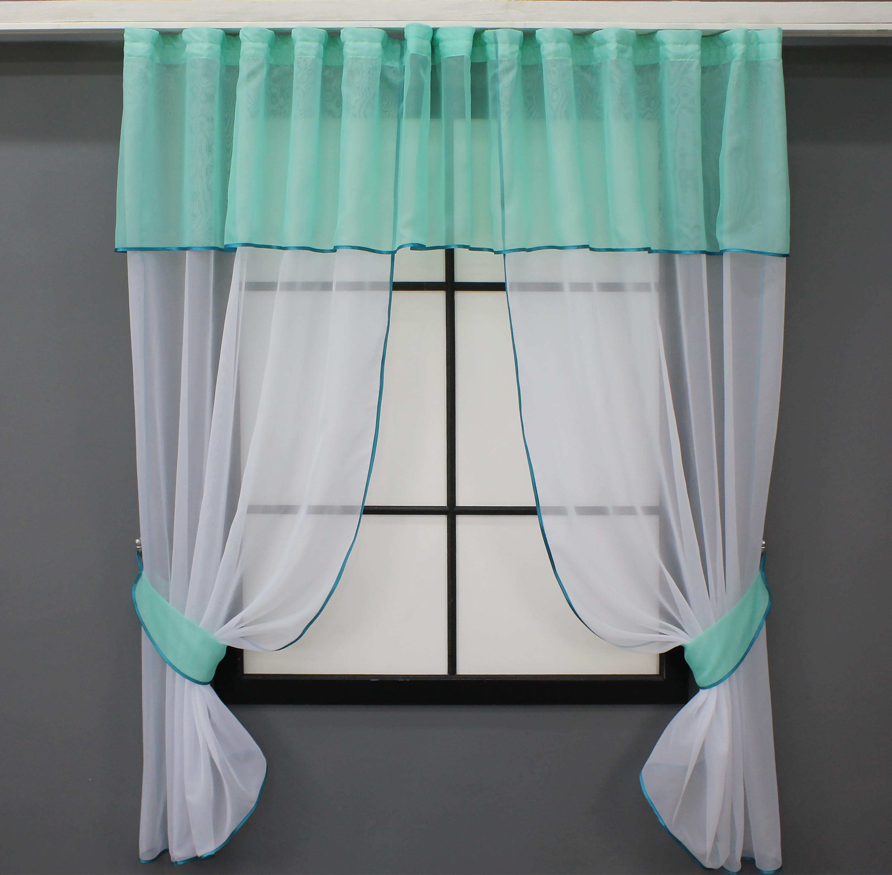 Комплект штор на кухню VR-Textil №084к с ламбрекеном 280х170 см Белый с бирюзовым (52-0954)