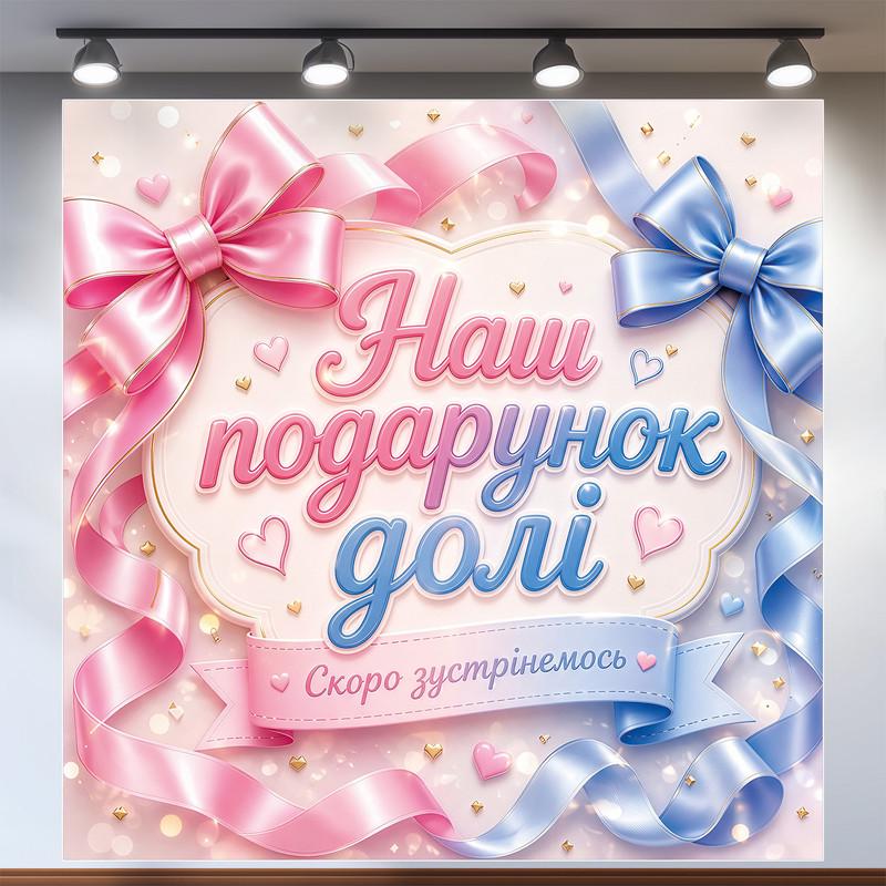 Плакат на Гендер пати Наш подарок судьбы с большим розово-голубым бантом 120x120см, №48528 Плакат на Гендер пати Наш подарок судьбы с большим розово-голубым бантом 120x120см, №48528