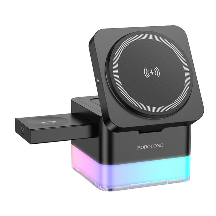 Зарядний пристрій бездротовий Borofone BQ34 3 in1 Magnetic 15W MagSafe для iWatch 1-9 SE/SE2 та Ultra/Ultra2 динамічної RGB LED Black Зарядний пристрій бездротовий Borofone BQ34 3 in1 Magnetic 15W MagSafe для iWatch 1-9 SE/SE2 та Ultra/Ultra2 динамічної RGB LED Black