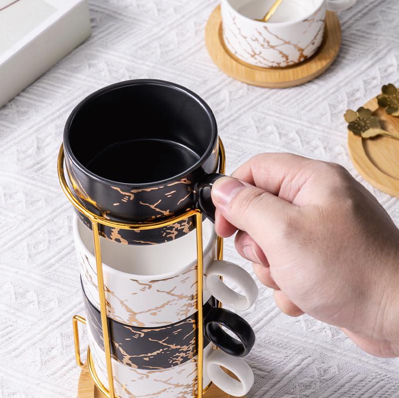 Набор чашек Lesko Мраморная роскошь с бамбуковым блюдцем/подставкой/ложкой 4 шт. Black/White (24366821) - фото 2