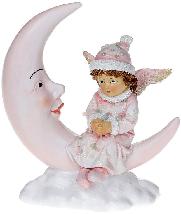 Декоративная статуэтка Ангел и Месяц 13х7х15 см полистоун Бело-розовый (BD-707-253)