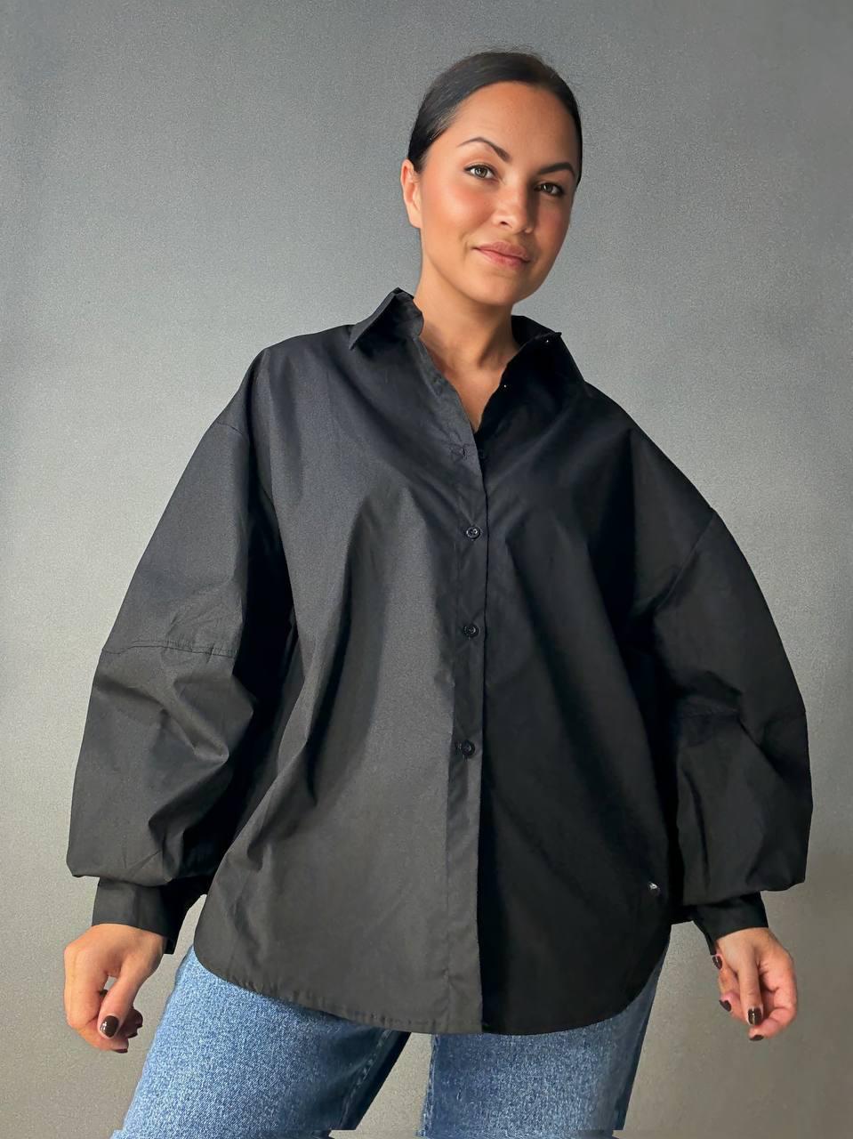 Рубашка женская Lan Lan 7503 оверсайз широкая длинная с пышным рукавом OS Черный (4910) - фото 8