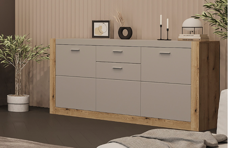 Комод в гостиную SOKME Палермо 1802х402х862 мм Дуб викинг/Шиншилла серая/Агат софт тач (28795050)