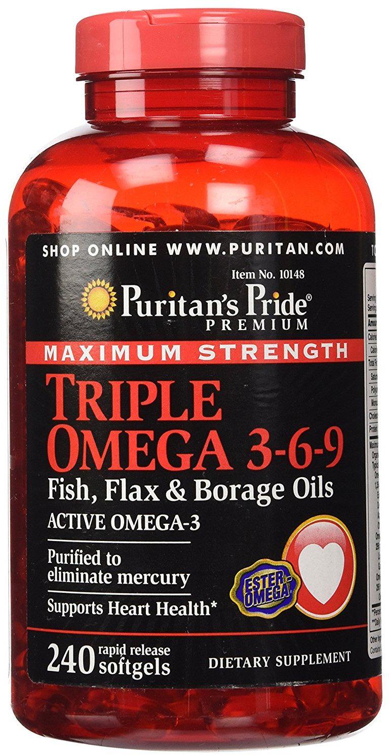 Омега-3-6-9 Puritan's Pride Omega 3-6-9 Triple Maximum Strength 1200 mg Fish Flax & Borage Oils 240 Softgels