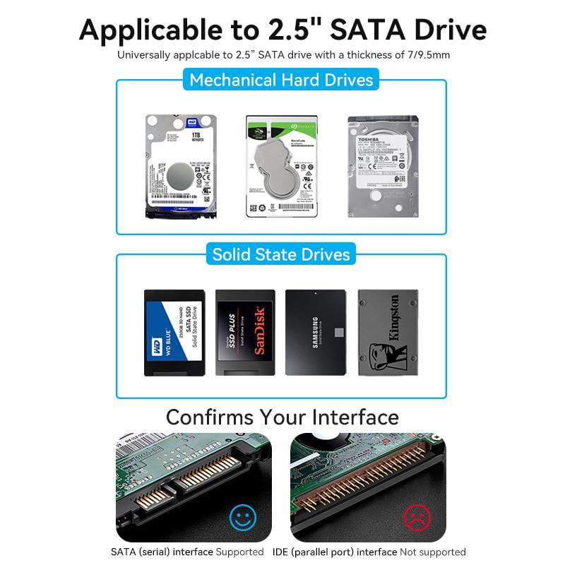 Корпус Vention для SSD/HDD 2,5"/5 Гбит/с USB 3.0 до SATA III с кабелем USB-Micro-USB Type-B Micro-B Черный (KPAB0) - фото 12