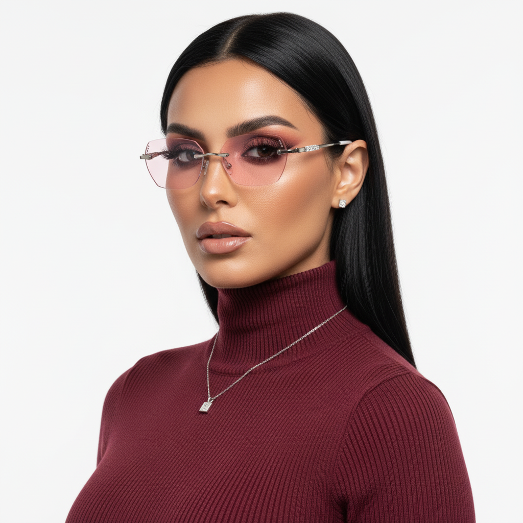 Окуляри жіночі сонцезахисні без оправи рожевий тон лінз і багатогранна форма C1 +1.5 (8215)