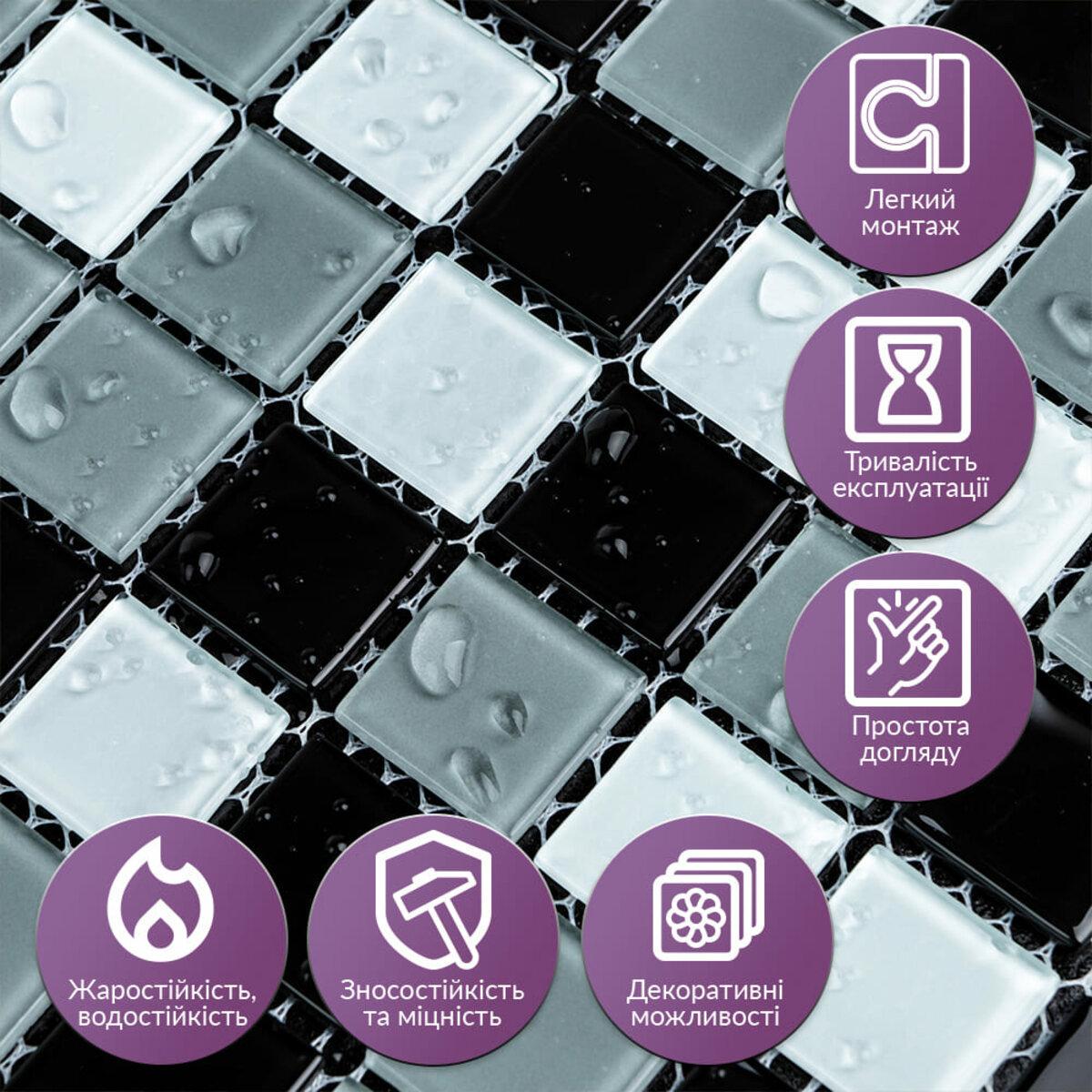 Мозаїка з декоративного скла 298х298х4,5 мм Чорно-сірий (3DPanda-2369) - фото 4 Мозаїка з декоративного скла 298х298х4,5 мм Чорно-сірий (3DPanda-2369) - фото 4