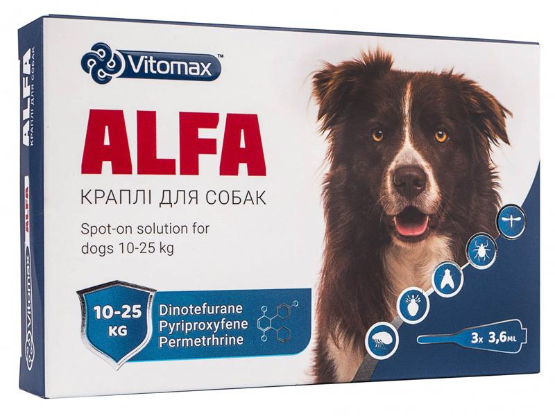 Капли Альфа Vitomax против блох и клещей для собак 10-25 кг 3,6 мл 3 пипетки