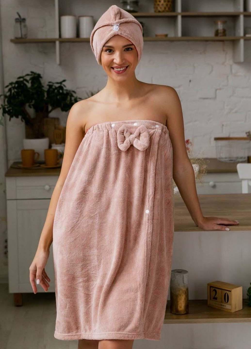 Набор женский полотенце-халат 140х80 см/шапочка микрофибра - фото 1