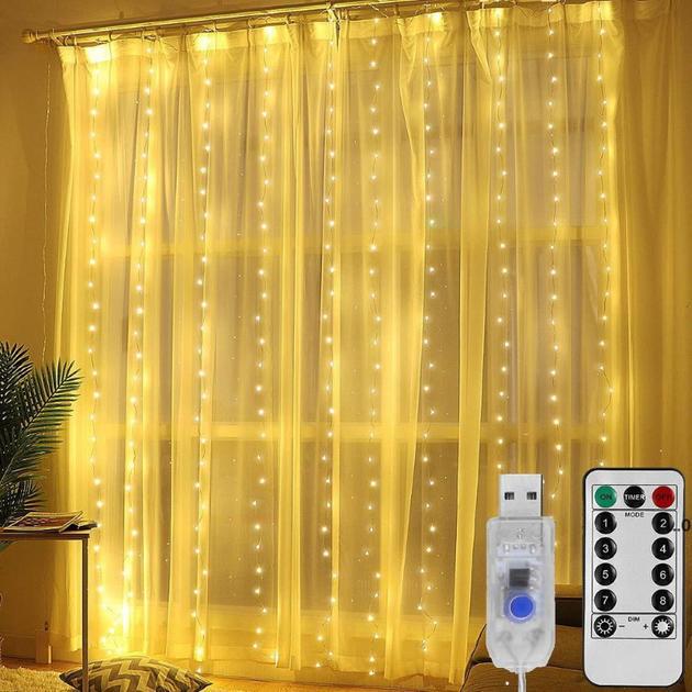 ᐉ Гирлянда штора USB медная нить 3x2 м 8 режимов теплый белый с пультом ...