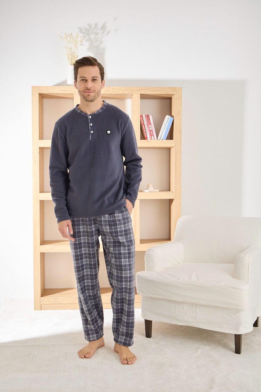Пижама мужская теплая из флиса полар лонгслив и брюки в клетку M Темно-серый (PJ6100-7)