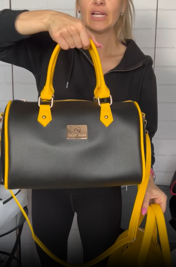 Сумка бочонок женская через плечо большая вместительная с плечевым ремнем экокожа 32х21х19 см Черный с желтым - фото 6 Сумка бочонок женская через плечо большая вместительная с плечевым ремнем экокожа 32х21х19 см Черный с желтым - фото 6