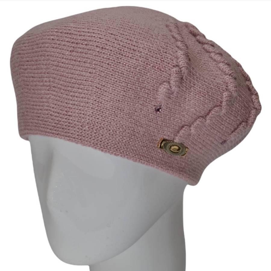 Берет женский Lirus Олеся из шерсти двойной с узором и люрексовой нитью Розово-пудровый
