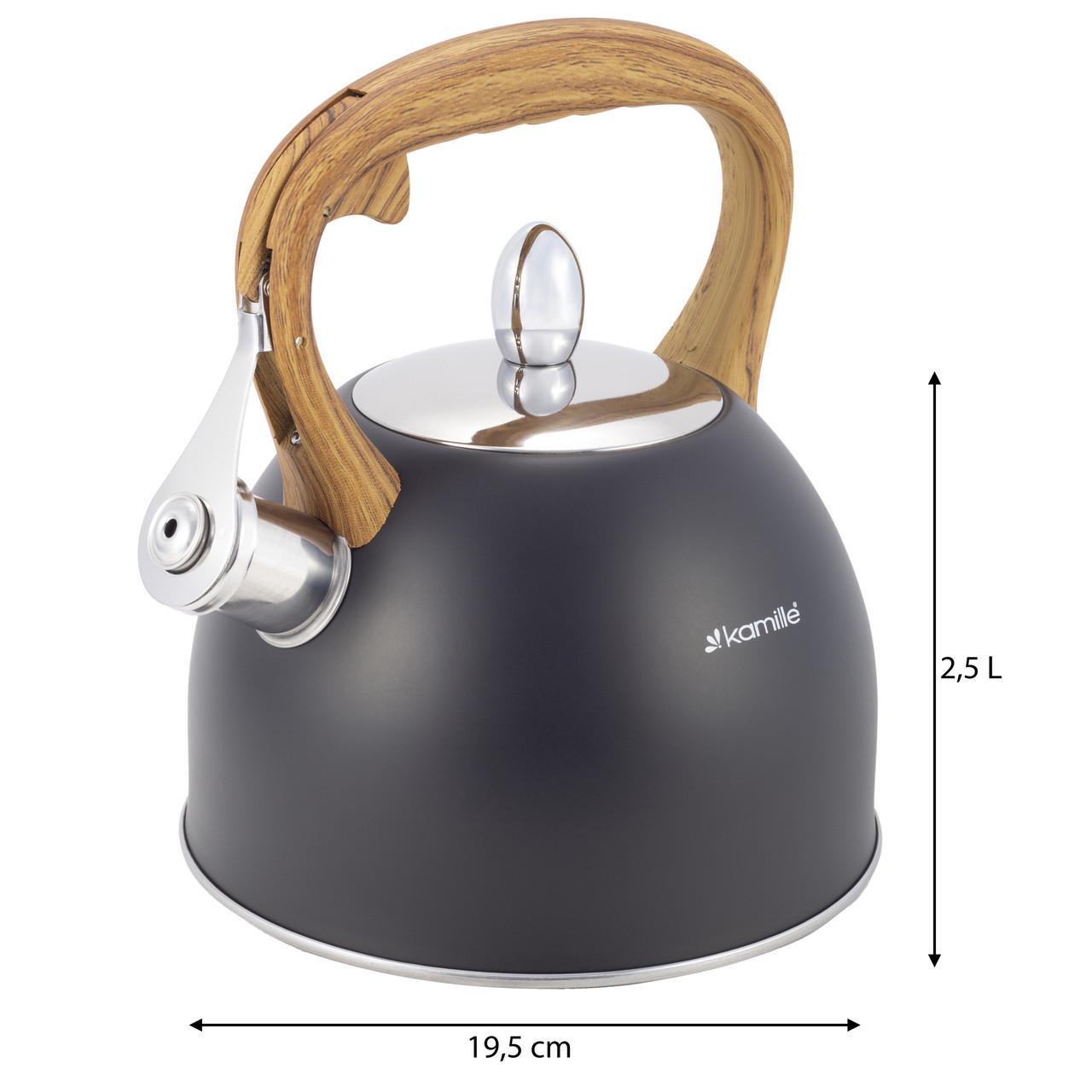 Чайник со свистком Kamille KM-1096 из нержавеющей стали и ручкой с покрытием soft-touch под дерево 2,5 л Черный (150-84-1096) - фото 3 Чайник со свистком Kamille KM-1096 из нержавеющей стали и ручкой с покрытием soft-touch под дерево 2,5 л Черный (150-84-1096) - фото 3