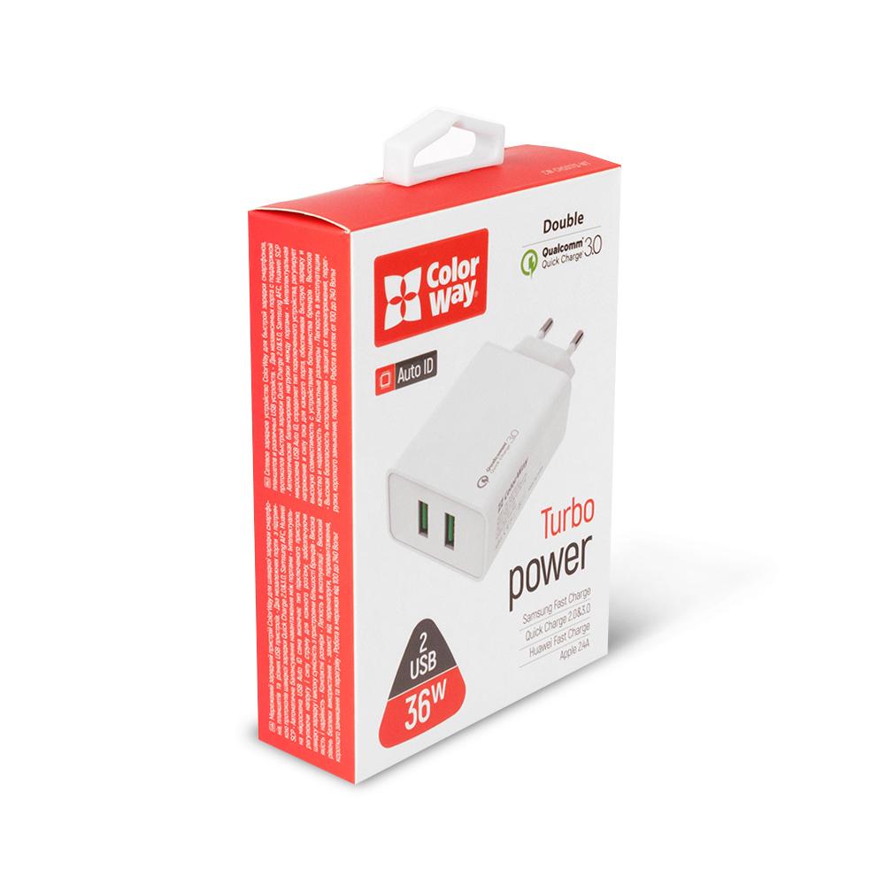 Зарядное устройство сетевое ColorWay 2 USB Quick Charge 3,0 36 W CW-CHS017Q-WT White (49014) - фото 5