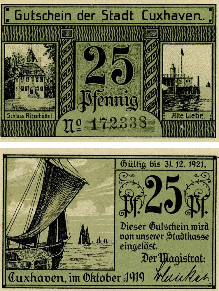 Коллекционная банкнота Германия Нотгельд 25 пфеннигов 1921 F-VF Куксхафен (Б18805)
