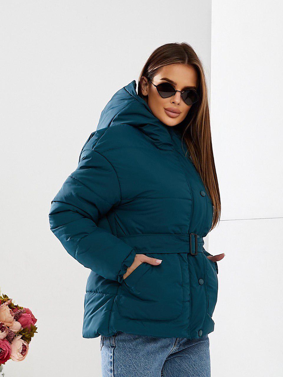 Куртка демісезонна коротка Khan з поясом р. 42 Аква (Kh332) - фото 7