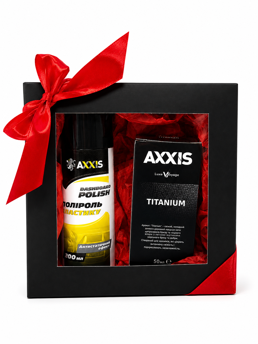 Набор подарочный для автомобиля AXXIS Полироль для пластика/ароматизатор 50 мл (5743-9020)