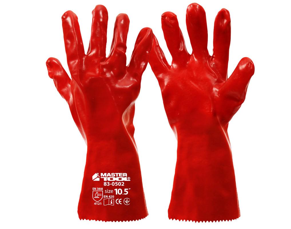Перчатки кислотоустойчивые MasterTool хлопковый трикотаж полное PVC покрытие манжет крага 350 мм 10,5" 12 пар Красный (83-0502)