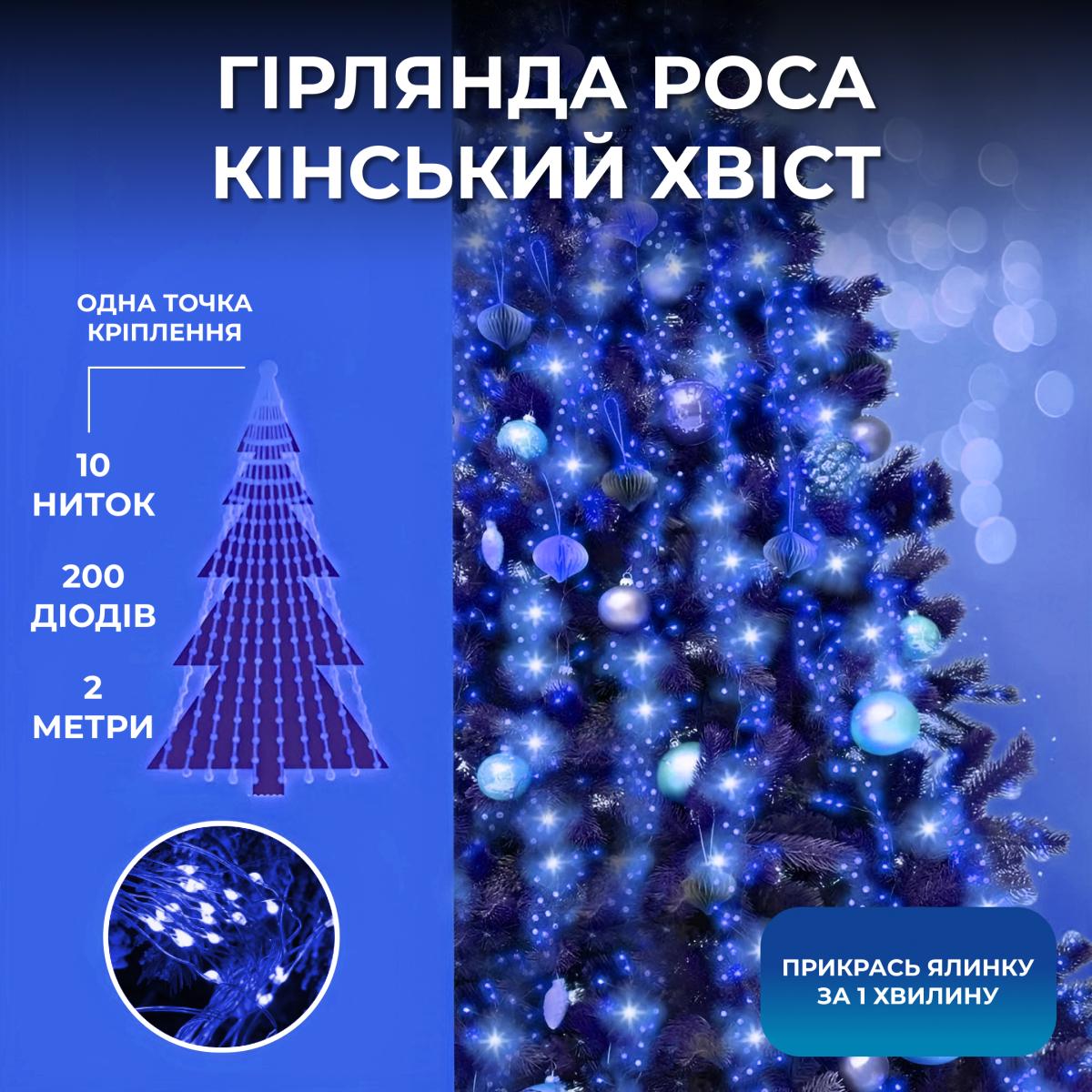 Гірлянда кінський хвіст 10 ниток 200 LED 8 режимів 2 м Синій (LG-1733010BL) - фото 9