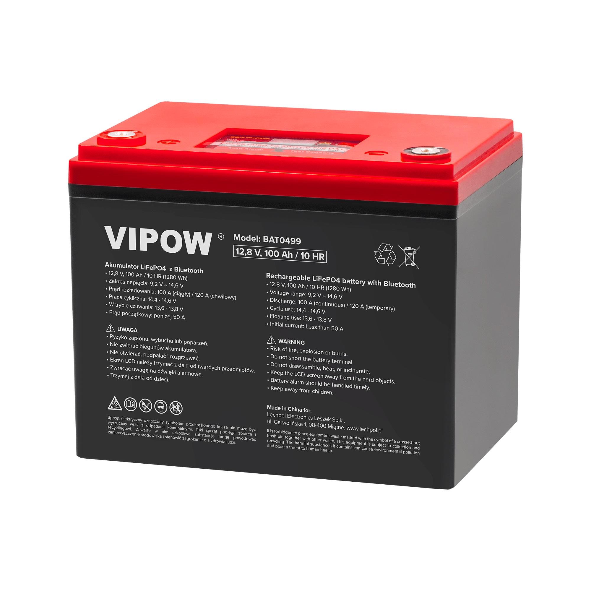 Акумулятор Vipow LiFePO4 12,8V 100Ah 100А BMS 1280Wh Bluetooth (51566)