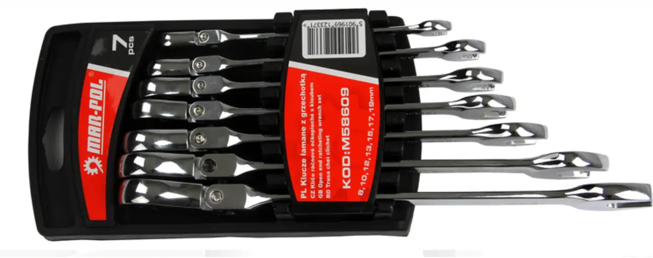 Набір ключів ріжково-накидних Mar-Pol M58609 з тріскачкою 8-19 мм 7 шт.