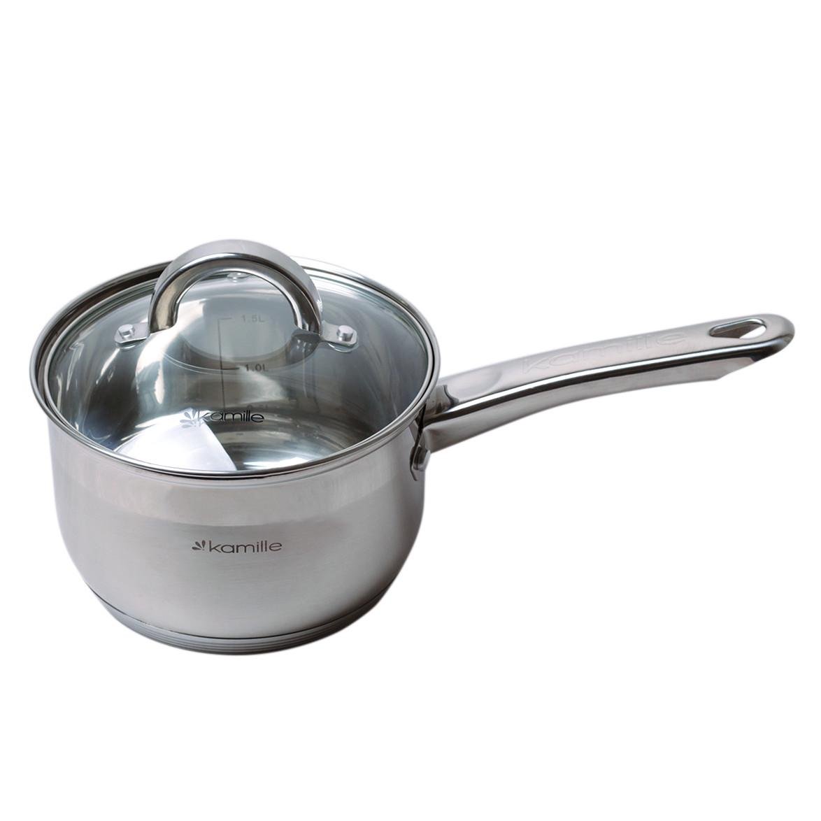 Ковш со стеклянной крышкой Kamille KM-4227S из нержавеющей стали и 5-ти слойным капсульным дном 2,1 л Стальной (124-84-4227S)