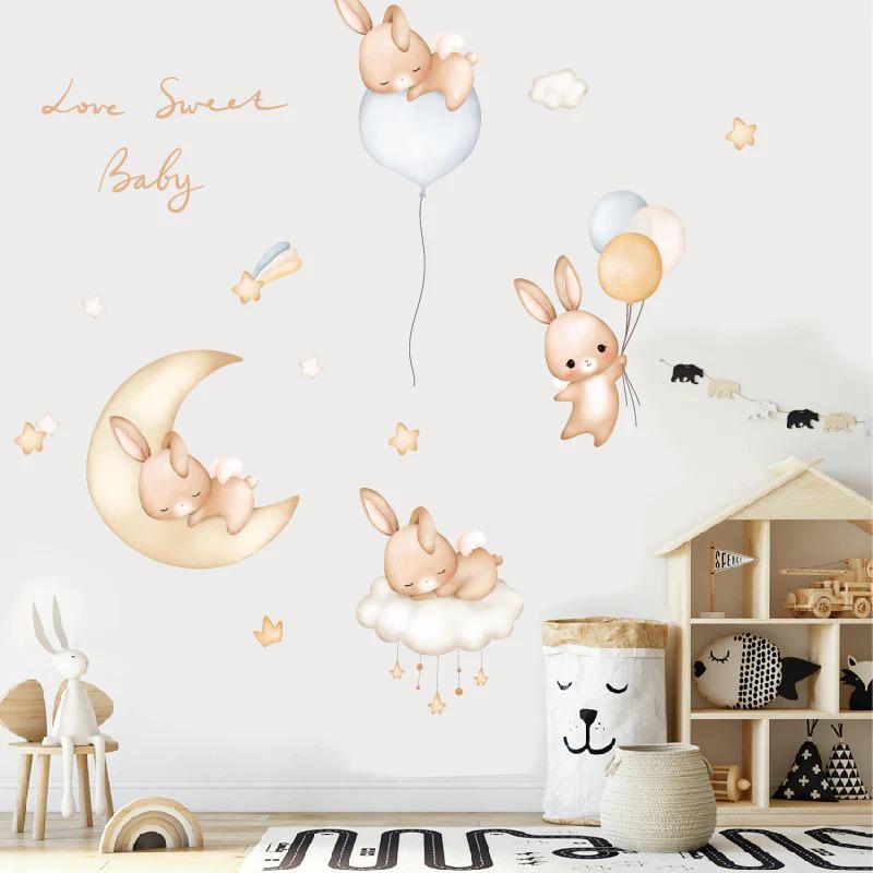 Наклейка вінілова Зайчики на Місяці в дитячу кімнату на стіну для дівчаток і хлопчиків 30х40 см