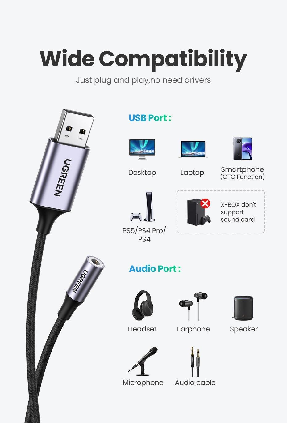 Зовнішня звукова карта UGREEN USB 2.0 3,5 мм TRRS 24 біт 96 кГц 1 м Чорний (45522) - фото 13