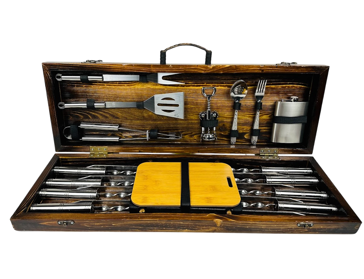 Набор шампуров ручной работы BBQ LUX-2 с аксессуарами 26 предметов в кейсе 75х24х10 см Коричневый (124-10-KS-7813)