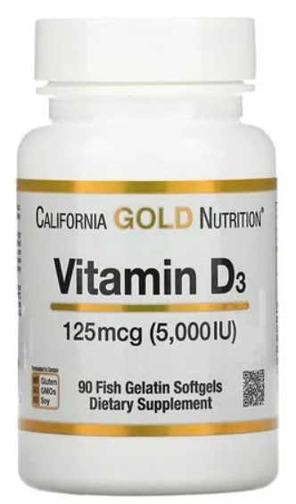Витамин Д3 Холекальциферол California Gold Nutrition 5000 ME 90 рыбных софтгелей