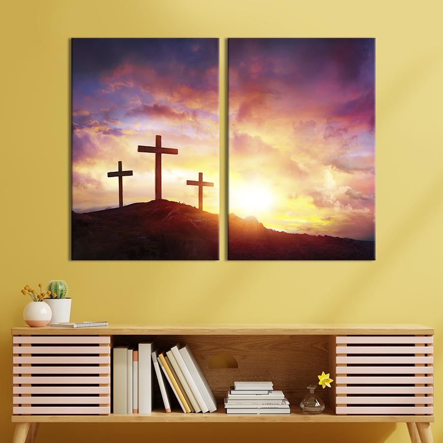 Настінний декор диптих картина на холсті для інтер’єру Три хрести на горі 165x122 см (469-2)
