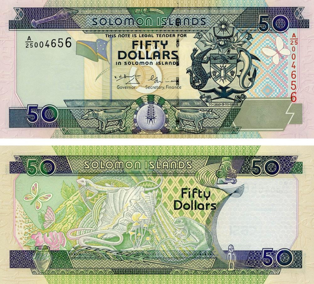 Коллекционная банкнота Соломоновы острова 50 долларов 2001 UNC Рептилии/Ящерицы P24 (Б13377)