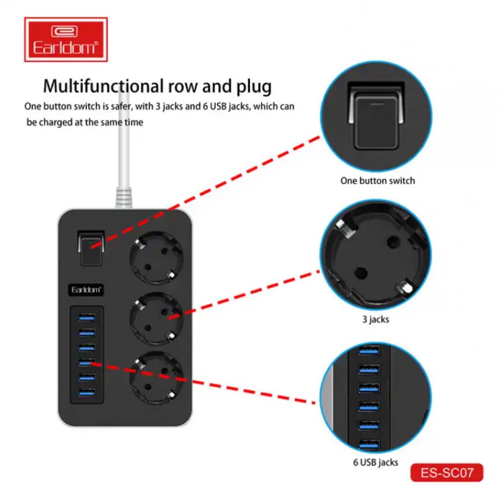 Подовжувач мережевий Earldom ES-SC07 6U 3P 3.1A 2 м Чорний - фото 4