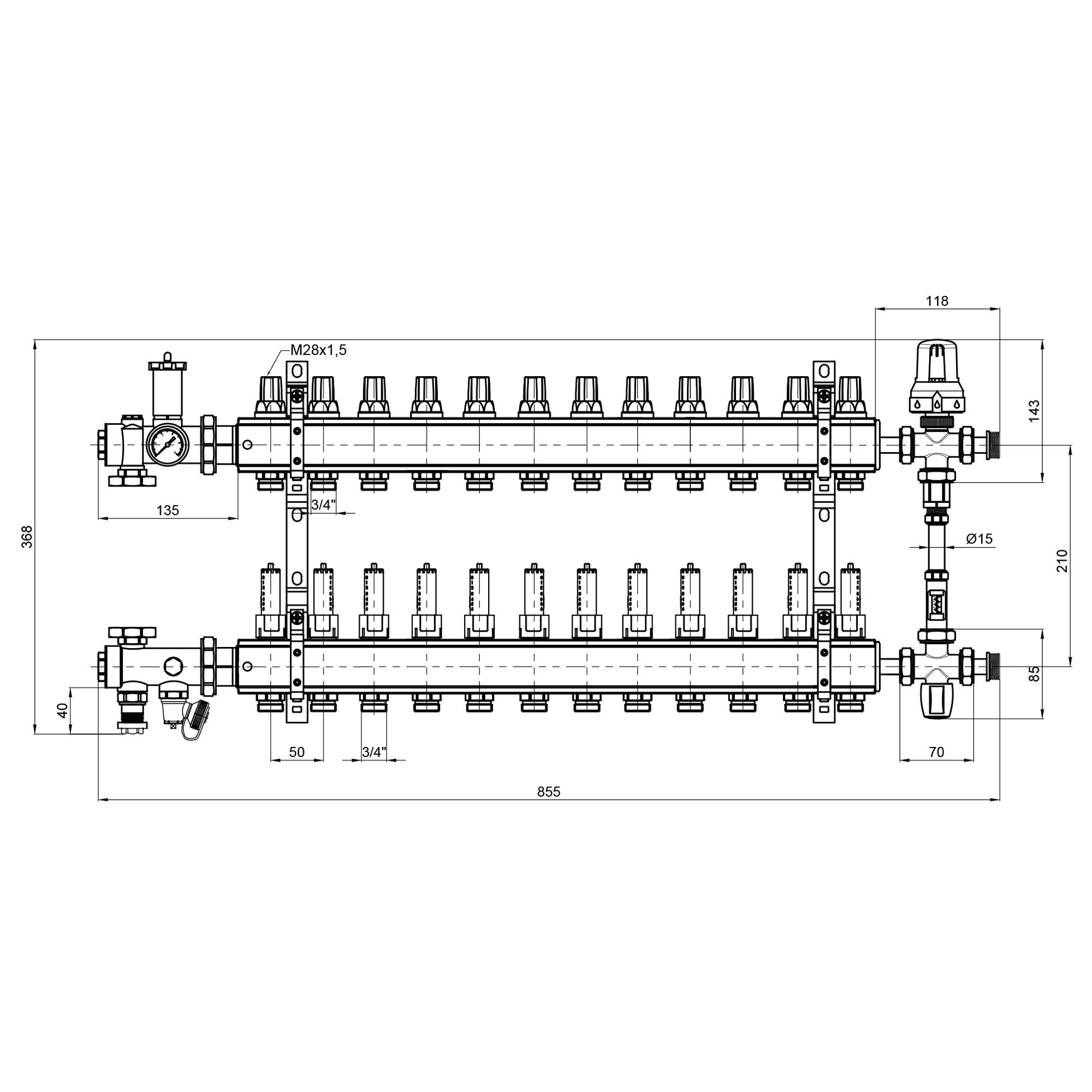 Коллектор для теплого пола ICMA A1K013APU06 12 контуров с расходомерами 1"/3/4" (78698) - фото 2