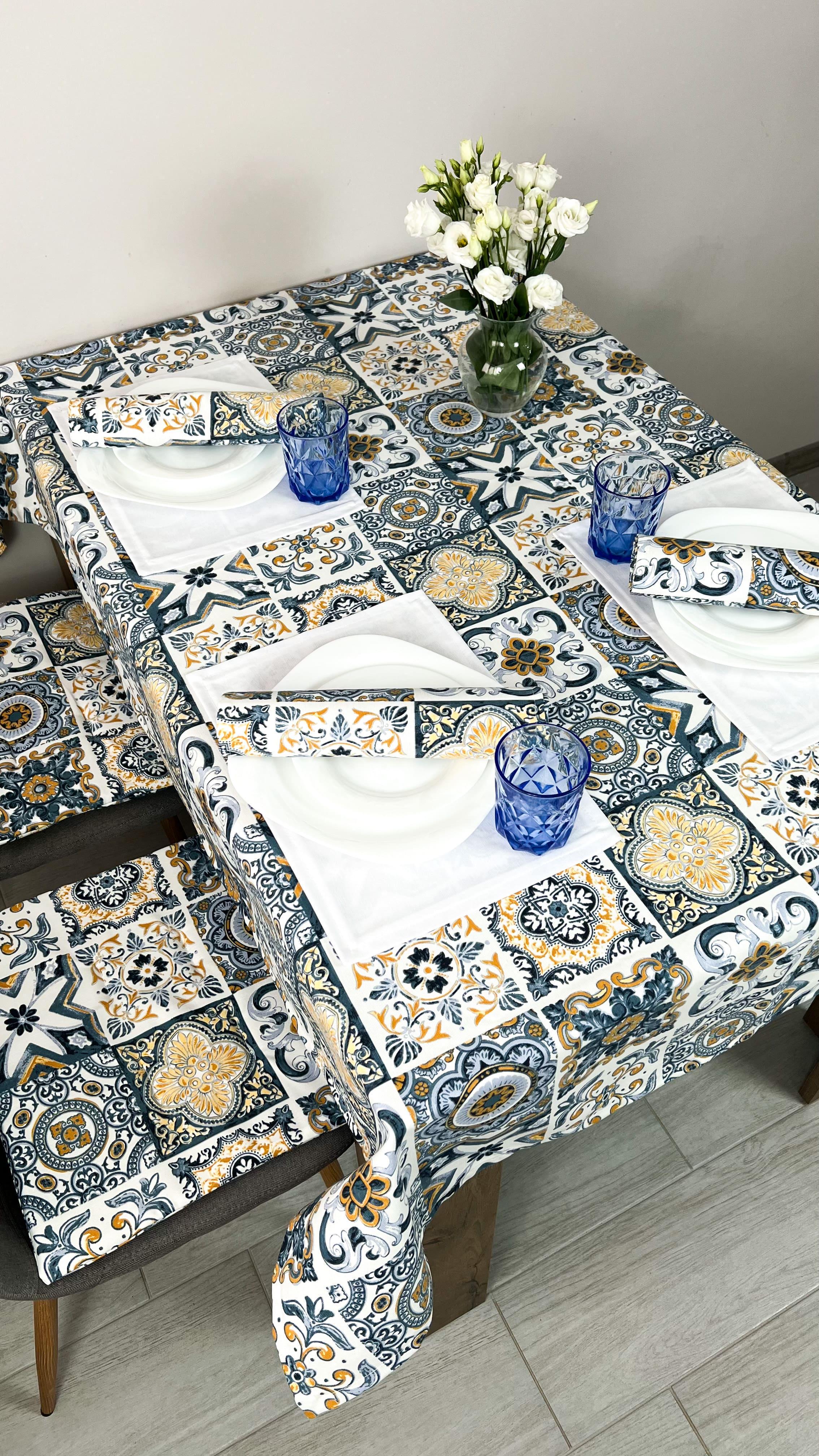 Скатерть водоотталкивающая Витраж плитка 200x120 см Синий (820-18)