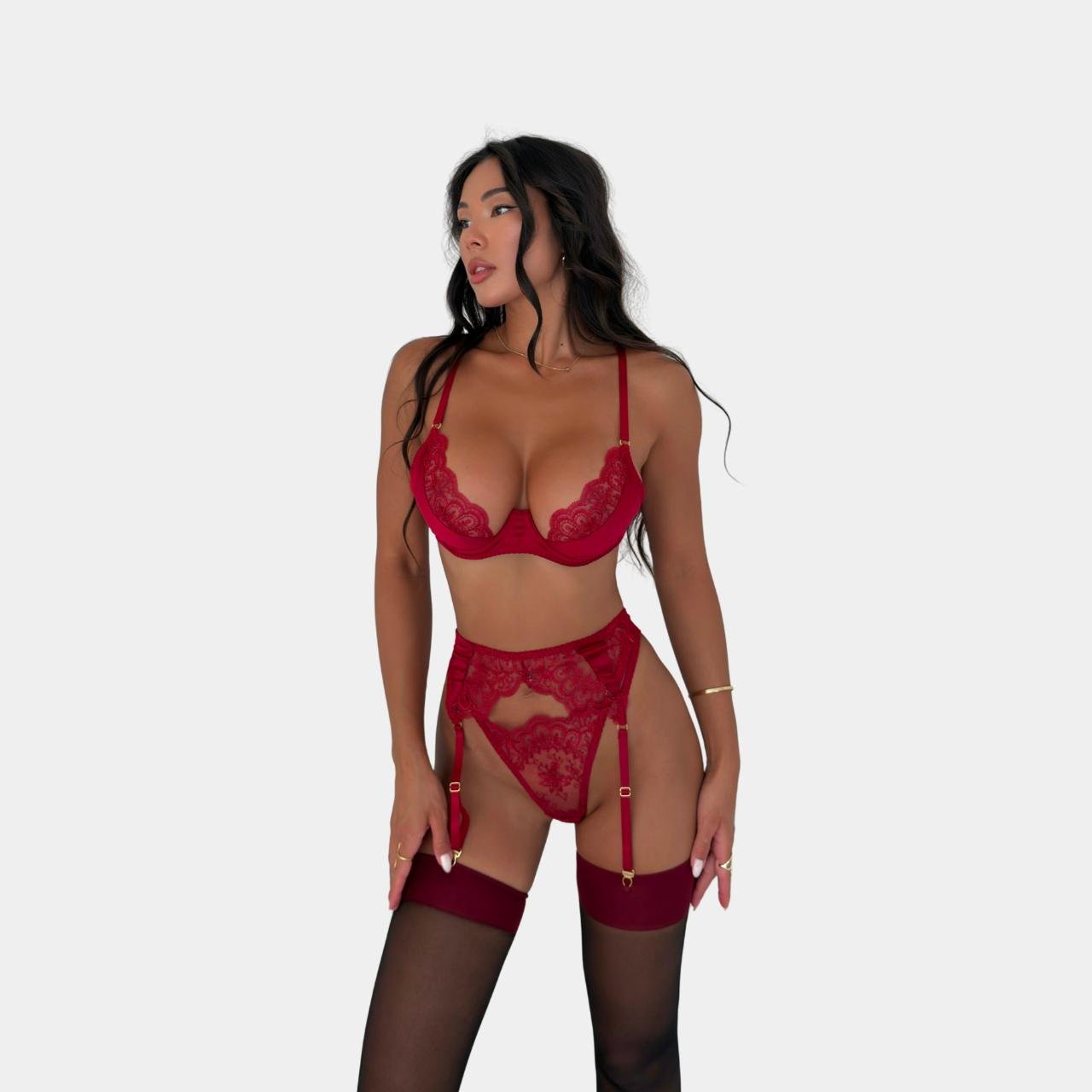 Комплект жіночої білизни мереживний з підв’язками L Червоний (058/107)