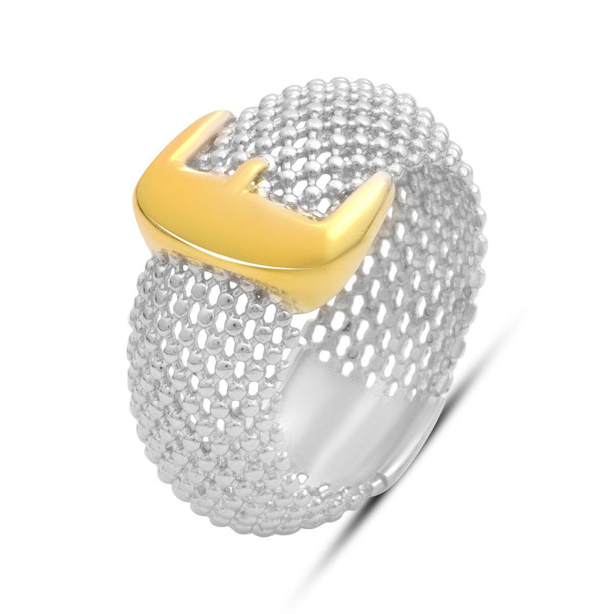 Кольцо серебрянное LoveR с широкой ажурной шинкой и золотистым декоративным элементом р. 19