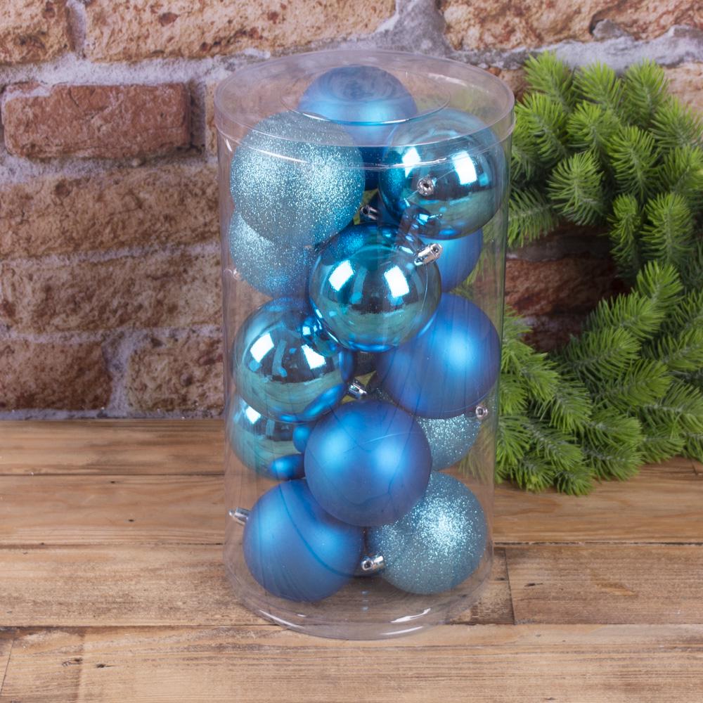 Елочные шары из пластика 8 см 15 шт. Синий (1092-19)