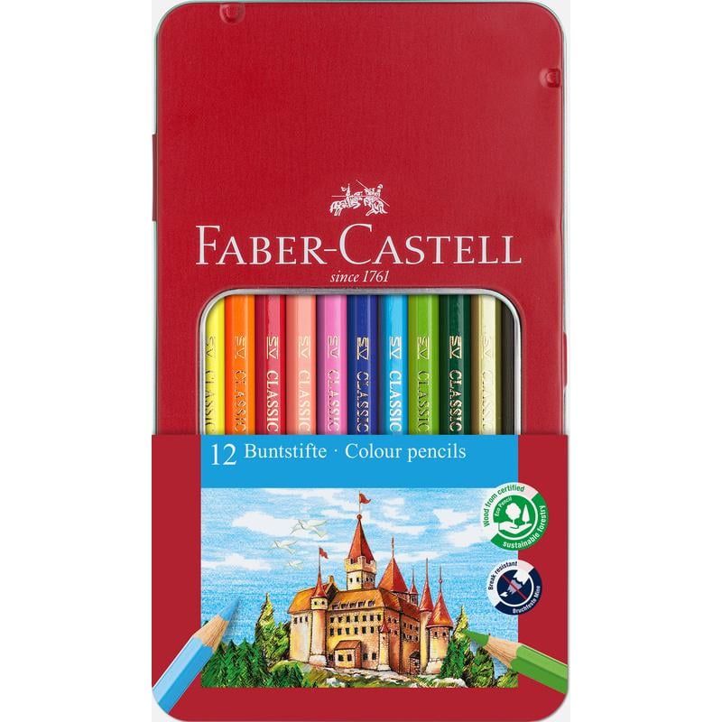 Набор цветных карандашей Faber-Castell металлический пенал 12 цветов (115801)