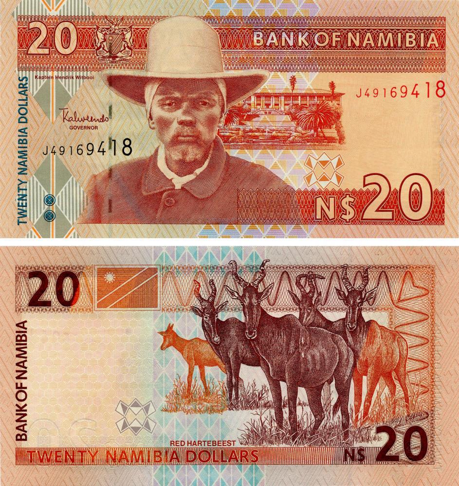 Коллекционная банкнота Намибия 20 долларов 2002 UNC Животные-Парнокопытные-Каама P6b (Б15930)