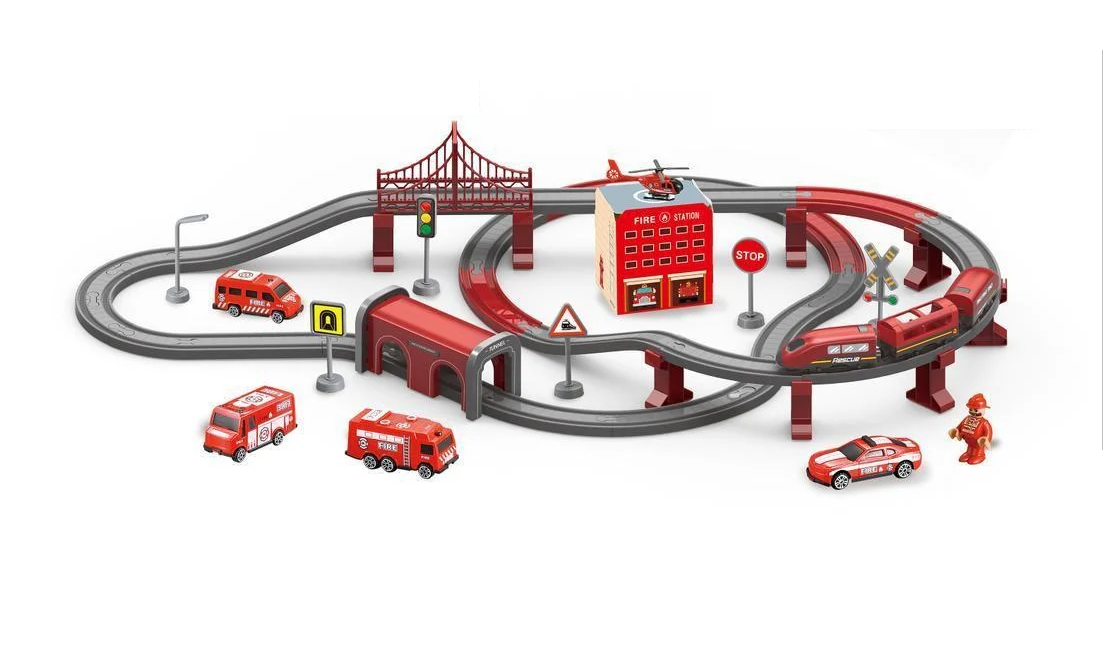 Залізниця з електропоїздом DIY Track Fire Rescue Train Пожежний 92 деталі Червоний