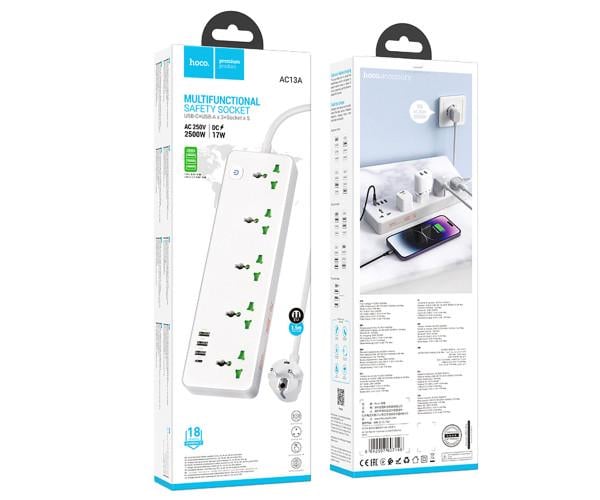 Удлинитель сетевой Hoco AC13A 5 Socket Ports 3USB/1Type-C White - фото 6