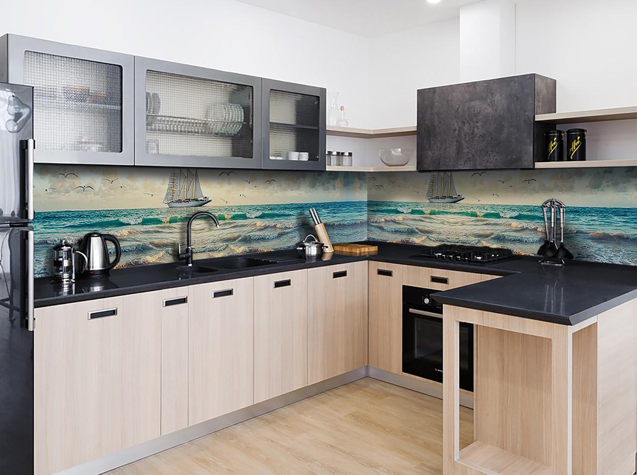 Кухонный фартук Морские волны корабль из самоклеющейся виниловой пленки 60х300 см Синий Кухонный фартук Морские волны корабль из самоклеющейся виниловой пленки 60х300 см Синий