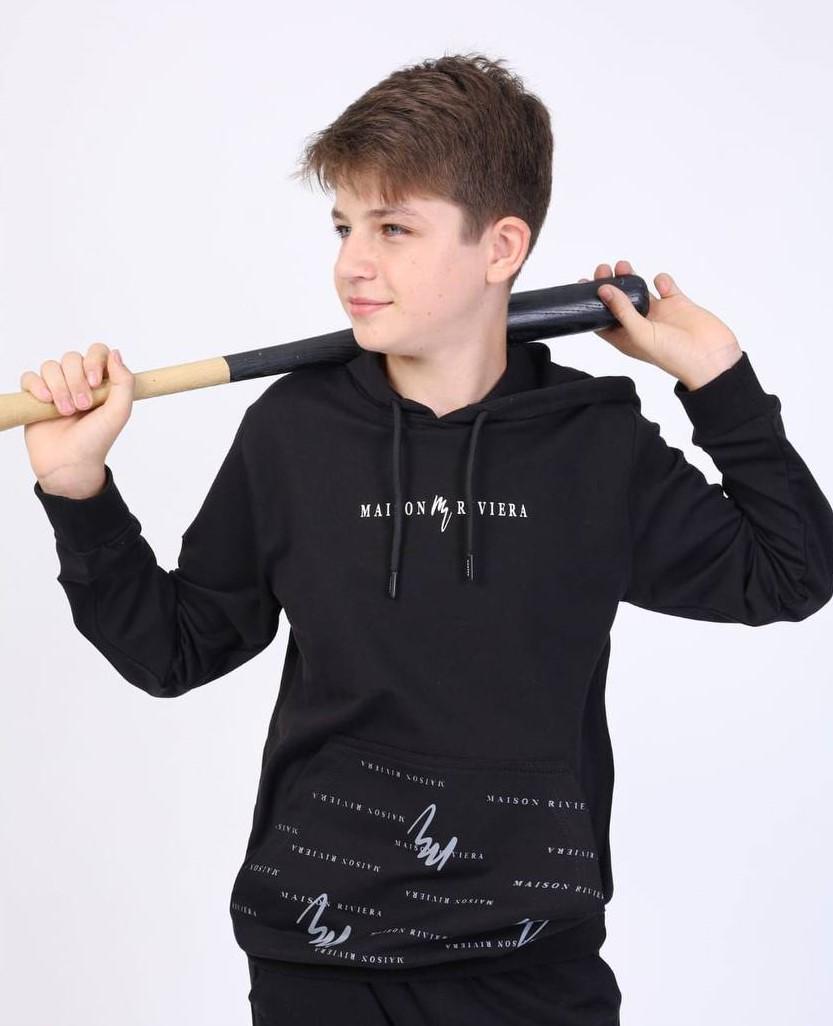 Толстовка з капюшоном з білими написами для хлопчика 140 см Чорний (06054)