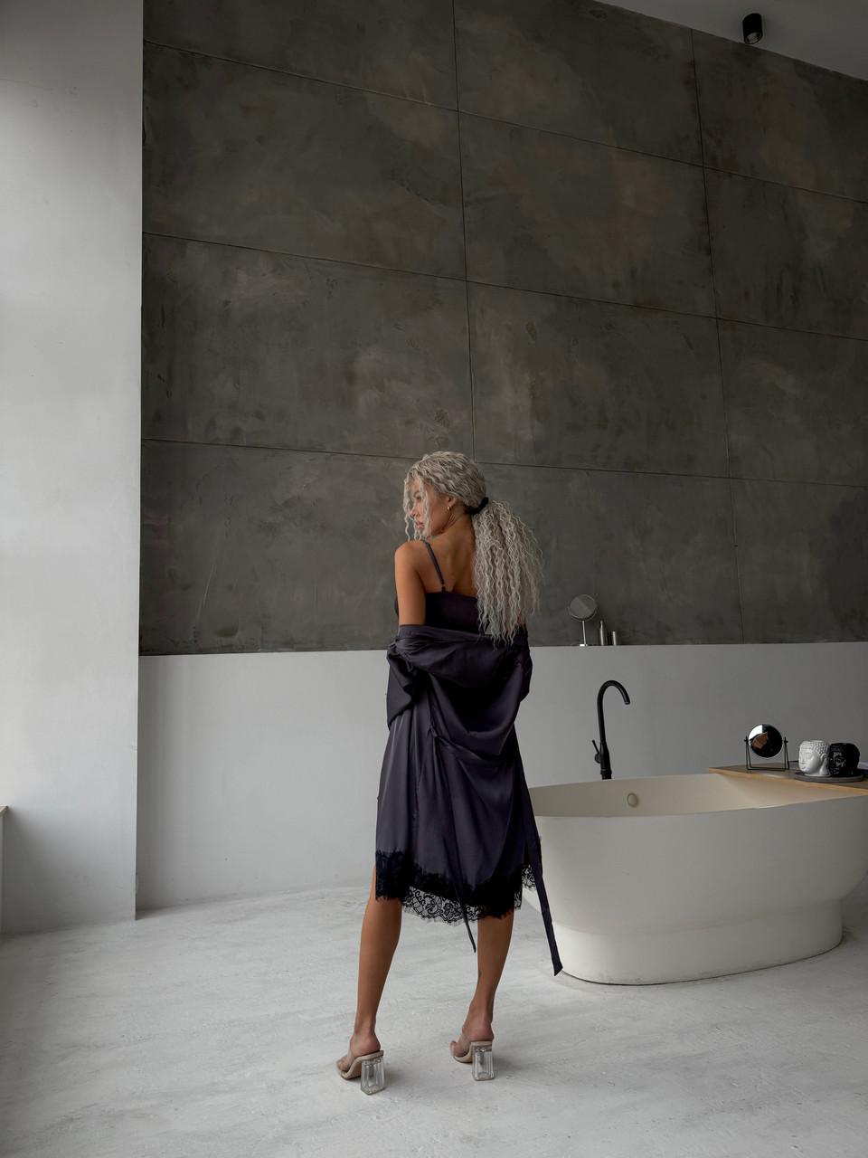 Халат женский шелковый с кружевом Графит (2533884044) - фото 8 Халат женский шелковый с кружевом Графит (2533884044) - фото 8