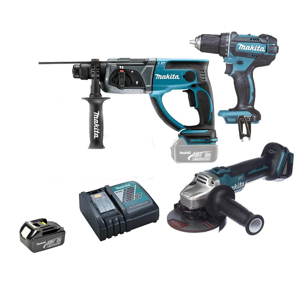 Набор Аккумуляторных инструментов Makita DLX3160 LXT (18В, SDS-Plus, 125 мм, 62 / 36 Нм) перфоратор DHR202Z, УШМ DGA504Z, шуруповерт DDF482Z + АКБ BL1830B и зарядное устройство DC18RC (4767)